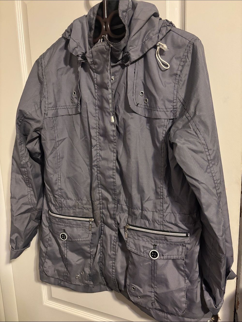 Simon Chang Women's Hooded Light Utility Jacket in Light Gray Pinstripe